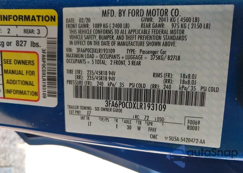 2020 Ford Fusion Sel from USA, damaged, VIN 3FA6P0CDXLR193109